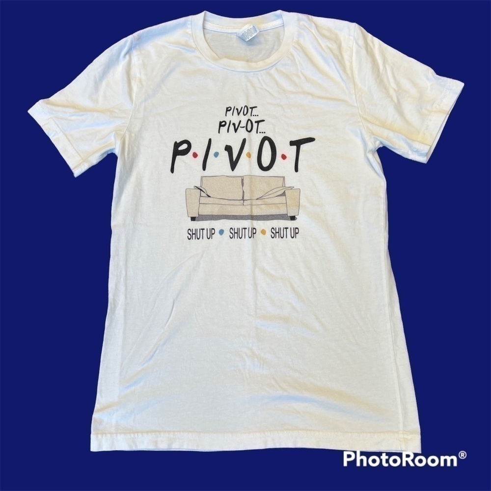Friends sitcom graphic white T-shirt, “pivot “pop culture, S, couch, “shut up”.